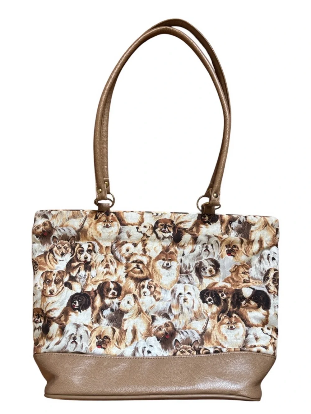 Dog Lover Satchel Bag | Tan & White Dog Adorned Purse Eco Friendly Shopping Tote